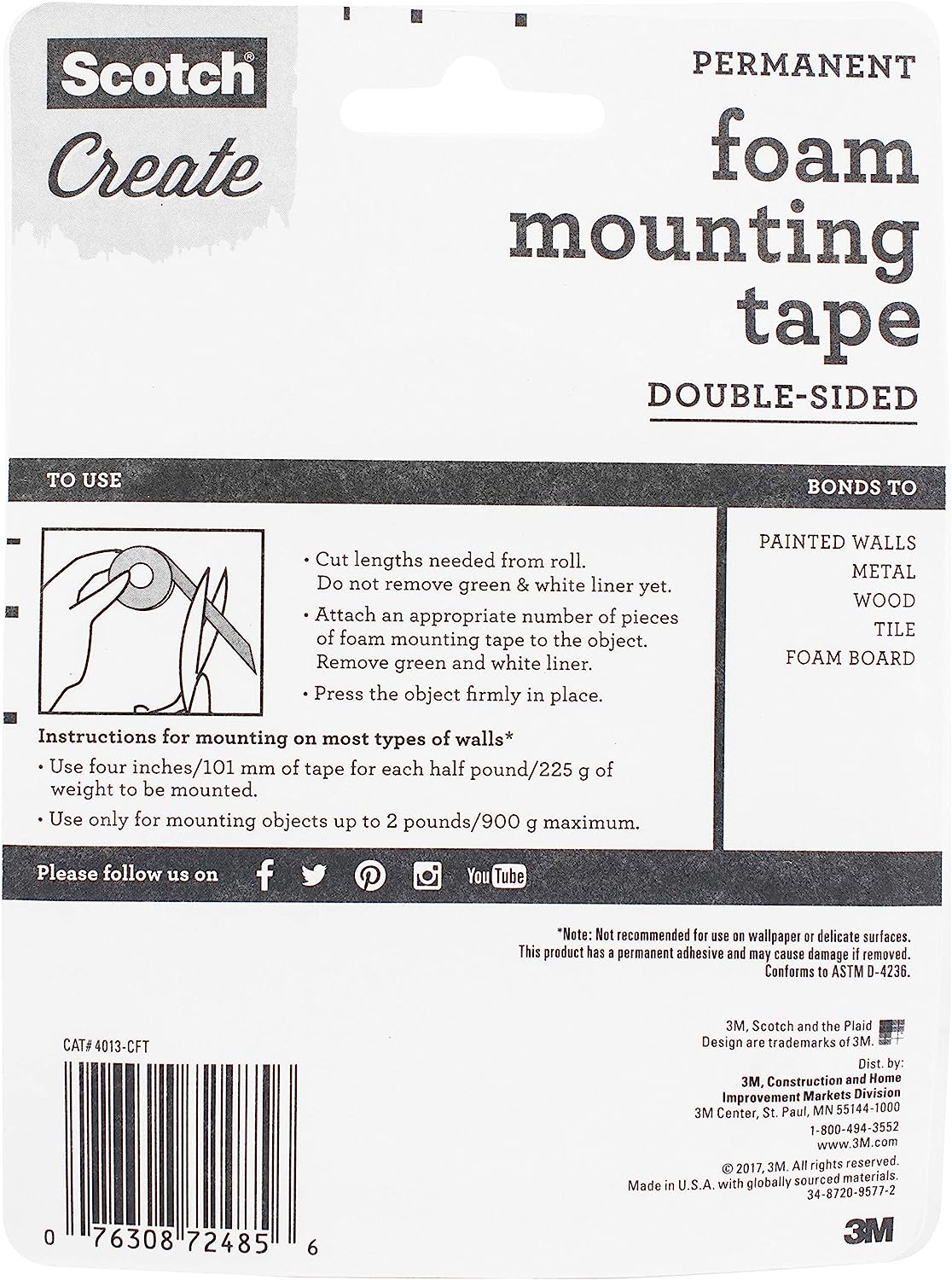 Scotch Mounting, Fastening, & Surface Protection Scotch Foam Mounting Tape, 1/2-inch x 150-inches, White, 1-Roll (4013), 1/2"x150", Clear - Image 2